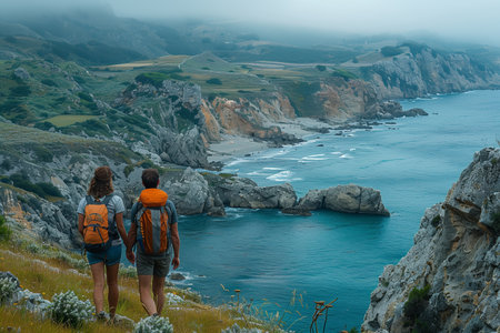Couple Enjoying A Scenic Coastal View At Sunrise Overlooking The Oceanの素材