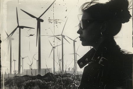 Woman Silhouetted Against Wind Turbines in a Rural Landscape During Sunsetの素材