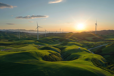 Sunrise Over Rolling Green Hills With Wind Turbines in the Backgroundの素材