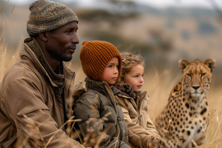 Family Encountering a Cheetah in the African Savanna During Golden Hourの素材