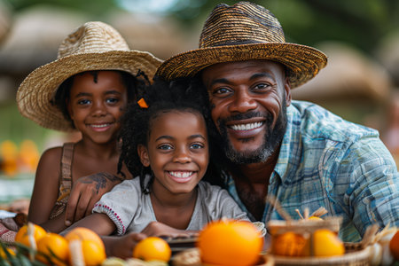Joyful Family Gathering During Outdoor Picnic Surrounded by Fresh Oranges and Laughterの素材