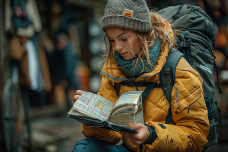 Young Backpacker Studying Map While Traveling Through Historic Street Market in Autumnの素材