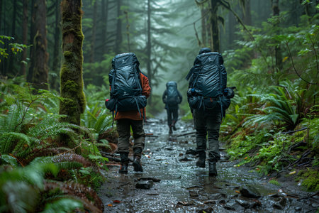 A Group of Hikers Trekking Through a Lush Rainforest Trail at Dawnの素材