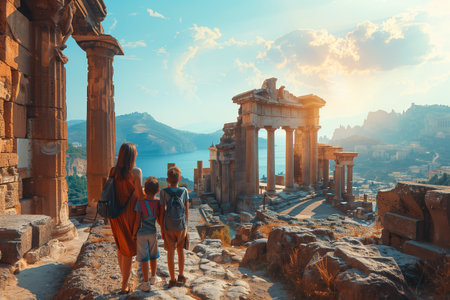 Family Exploring Ancient Ruins Overlooking Scenic Lake at Sunsetの素材