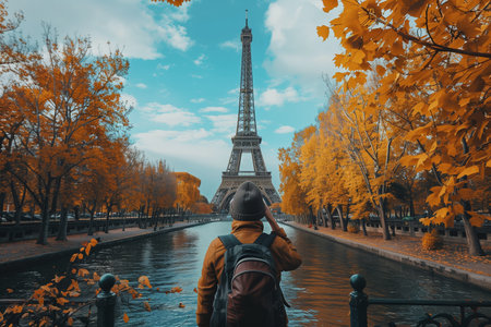 Visiting The Eiffel Tower Among Beautiful Fall Foliage By The River In Parisの素材