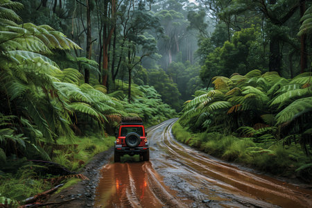 Exploring a Rainforest Trail With a Four-Wheel Drive Vehicle on a Rainy Dayの素材