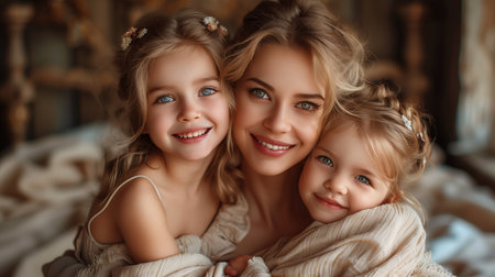 Warm Family Embrace Between Mother and Two Daughters During Cozy Indoor Afternoonの素材