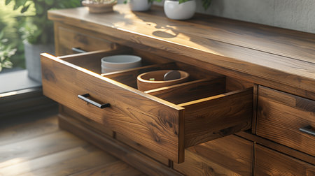 Wooden Drawer Open on Modern Furniture Showing Organized Kitchen Utensils in Bright Sunlightの素材