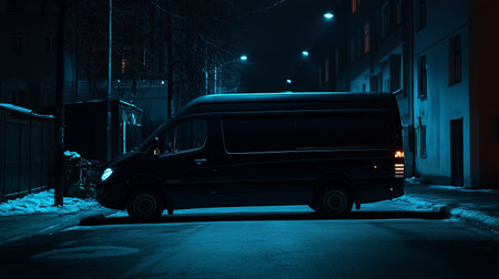 A dark van parked on a secluded street at night under eerie blue streetlightsの素材