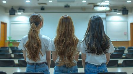 Three Young Women With Long Hair Standing Together in an Empty Classroom Settingの素材