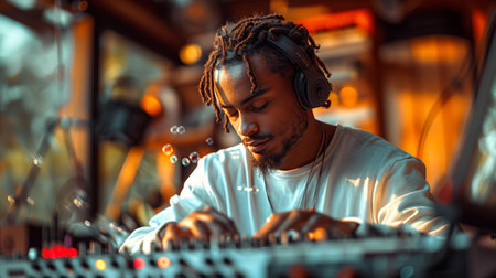 A Young Music Producer Focused on Creating Beats in a Cozy Studio During Golden Hourの素材