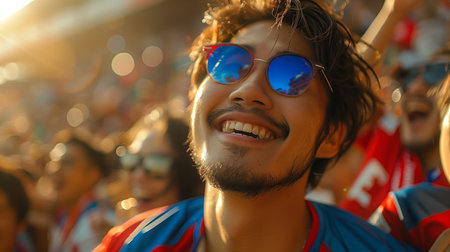 Excited Fan Celebrating During Live Sports Event at Stadium in Evening Lightの素材