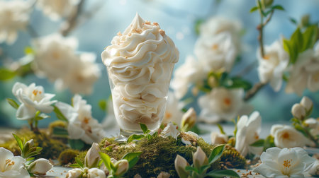 Delicious Creamy Soft Serve Ice Cream Surrounded by Blooming White Flowers in Springtimeの素材