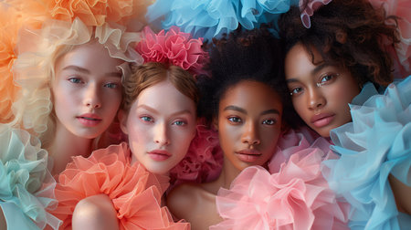 Four Women in Colorful Tulle Dresses Posing Together in Soft Natural Lightの素材