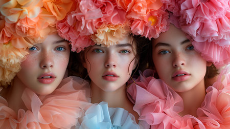 Three Young Women Wearing Colorful Floral Headpieces Posing Together in Soft Lightingの素材