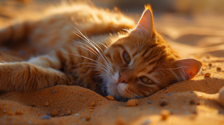 Relaxed Ginger Cat Enjoying Warm Sunlight on Golden Sand at Sunsetの素材