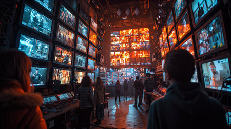 A Group of People Observing Multiple Monitors Displaying Various Content in a Dimly Lit Control Roomの素材
