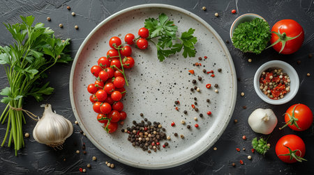 Fresh Cherry Tomatoes, Garlic, Herbs, and Spices Arranged on a Rustic Tableの素材