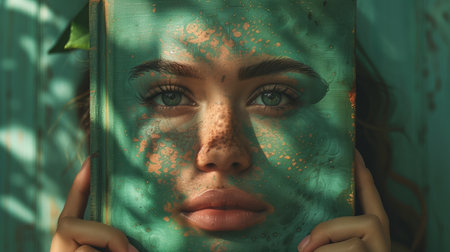 A Young Woman With Freckles Holding a Green Book Surrounded by Nature on a Sunny Dayの素材