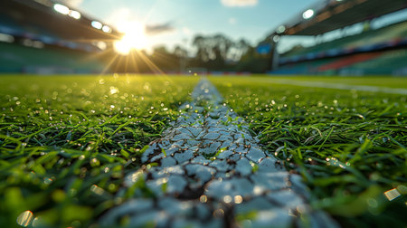 Dewy Grass on a Sunlit Soccer Field Ready for Action in the Early Morningの素材