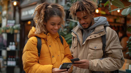Young Couple Enjoying a Casual Moment Together While Using Mobile Phones in a Cozy Urban Settingの素材