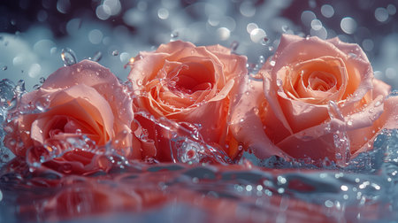 Fresh Pink Roses Surrounded by Splashing Water in Natural Light During Daytimeの素材