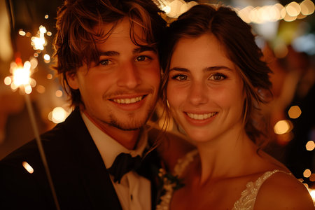 Joyful Couple Celebrating Their Wedding Day Surrounded by Sparkling Lights at Nightの素材