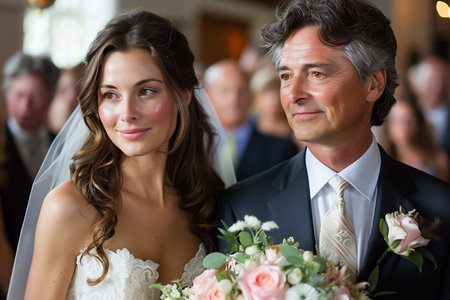 Bride and Father Smiling Together During Emotionally Charged Wedding Ceremony in Elegant Venueの素材