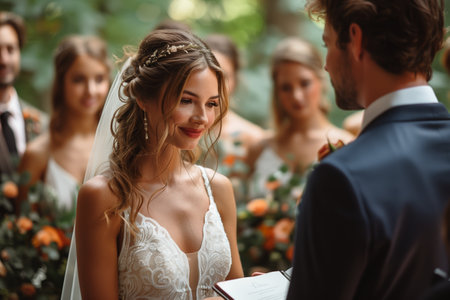 Beautiful Outdoor Wedding Ceremony With Bride and Groom Surrounded by Bridal Party in Lush Green Forestの素材