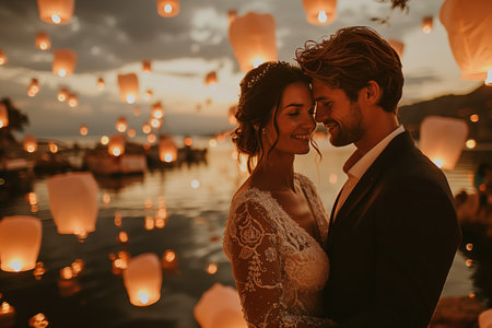 Romantic Evening Wedding Celebration With Floating Lanterns by the Water at Duskの素材
