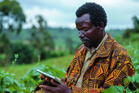 Man in Colorful Jacket Using Tablet While Sitting in Lush Green Field During Daylightの素材