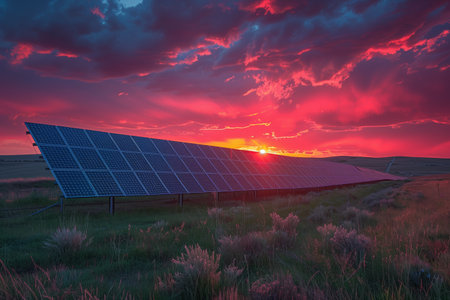 Vibrant Sunset Illuminates Solar Panels on a Prairie Landscape During Evening Glowの素材