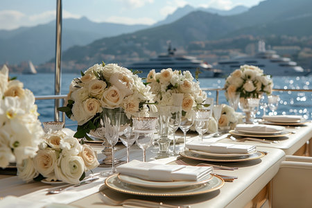Elegant Outdoor Wedding Reception on a Yacht With Scenic Mountainous Background at Sunsetの素材