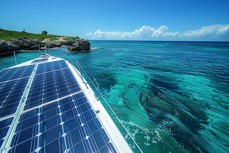 Solar Panels on a Boat Sailing in Crystal Clear Waters Under a Bright Blue Skyの素材