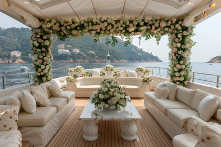 Elegant Floral Arrangement on a Luxury Yacht Deck Overlooking Serene Watersの素材