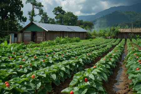 Vibrant Green Agricultural Field Under Blue Sky Near Wooden Barn in Rural Landscapeの素材