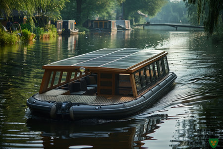 Solar-Powered Tourist Boat Gliding Through Serene River in Early Morning Lightの素材