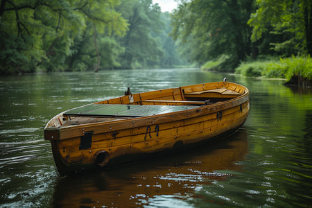 Wooden Boat Floating Calmly on Serene River Surrounded by Lush Green Treesの素材