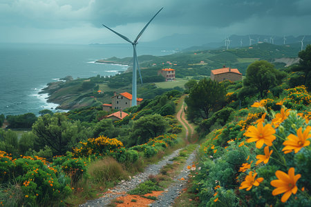 Scenic Coastal Pathway With Wind Turbine and Vibrant Wildflowers on Cloudy Dayの素材