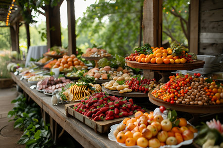 Abundant Display of Fresh Fruits and Vegetables at Outdoor Market Event in Late Afternoon Sunlightの素材