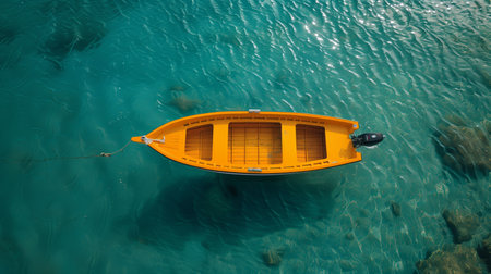 Bright Yellow Boat Floating Gently on Crystal Clear Blue Water in Sunlightの素材