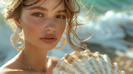 Portrait of a Young Woman at the Beach Holding a Seashell on a Sunny Dayの素材