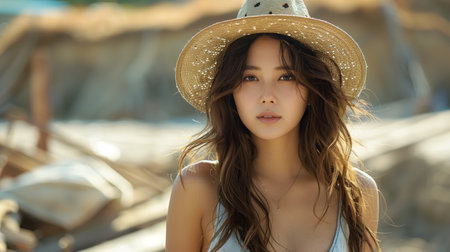 Young Woman Wearing Straw Hat and Blue Swimsuit Standing on a Beach in Summer Sunshineの素材