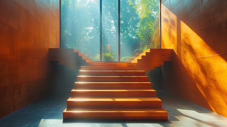 Elegant Wooden Stairs Leading to a Bright Sunny Exit Surrounded by Lush Greeneryの素材