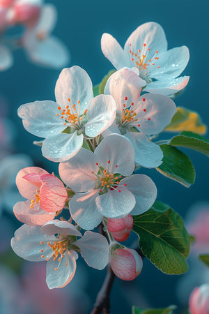 Beautiful Spring Apple Blossom Cluster With Delicate Petals and Green Leaves in Soft Morning Lightの素材