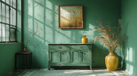 Charming Green Room With Natural Light Highlighting Vintage Furniture and Decor in Afternoon Sunlightの素材