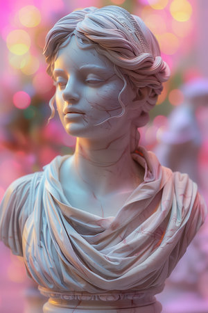 Elegant Marble Bust of a Female Figure Displayed Against Colorful Background in Art Galleryの素材