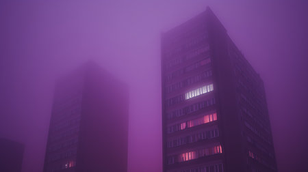 Buildings shrouded in dense fog with purple lighting at dusk in an urban settingの素材
