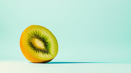 Sliced kiwi fruit resting on a light blue background showcasing its vibrant green interiorの素材