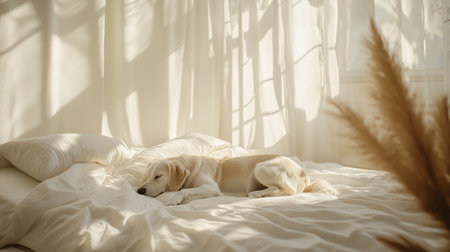 A sleeping dog rests peacefully on a cozy bed in sunlit roomの素材